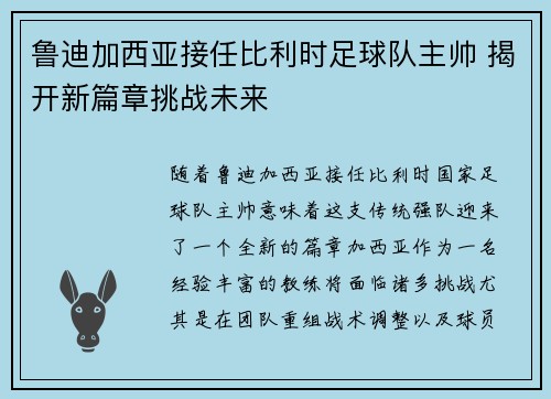 鲁迪加西亚接任比利时足球队主帅 揭开新篇章挑战未来