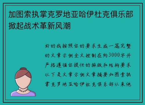 加图索执掌克罗地亚哈伊杜克俱乐部掀起战术革新风潮 加图索执掌克罗地亚哈伊杜克俱乐部掀起战术革新风潮