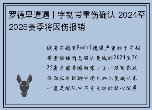 罗德里遭遇十字韧带重伤确认 2024至2025赛季将因伤报销
